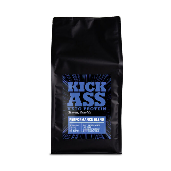 Kick Ass keto protein blueberry chocolate flavour 1kg pack.