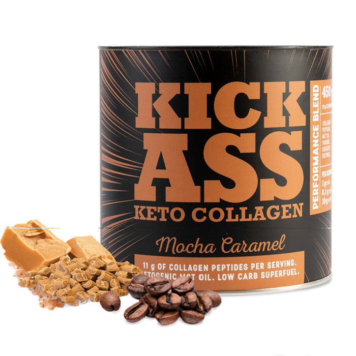 Kick Ass keto collagen mocha caramel tub.