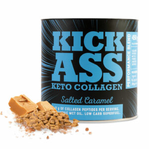 Kick Ass keto collagen salted caramel tub.
