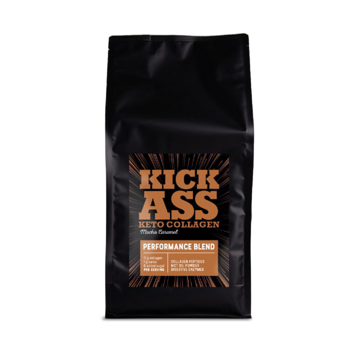 Kick Ass mocha caramel protein powder 1kg bag.