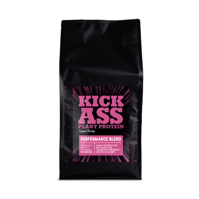 Kick Ass plant protein super fruity flavoured 1kg pack.