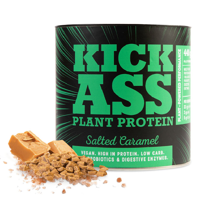 Kick Ass salted caramel plant protein tub.