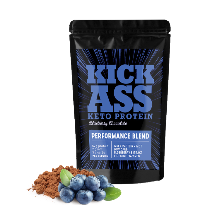 Kick Ass keto protein blueberry chocolate flavour.