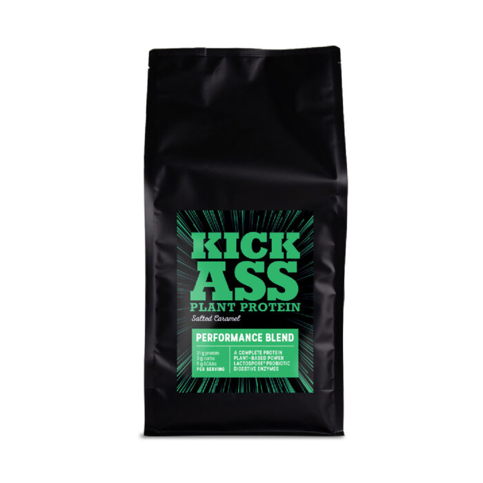 Kick ass plant protein salted caramel flavour 1kg pack.