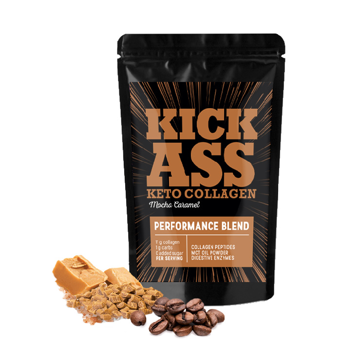 Kick Ass mocha caramel protein powder.