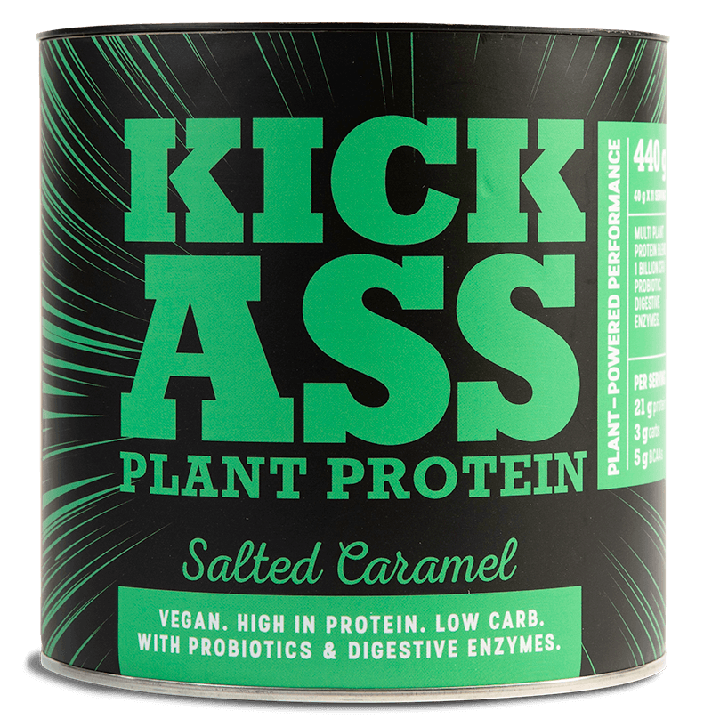 Kick Ass salted caramel plant protein tub.