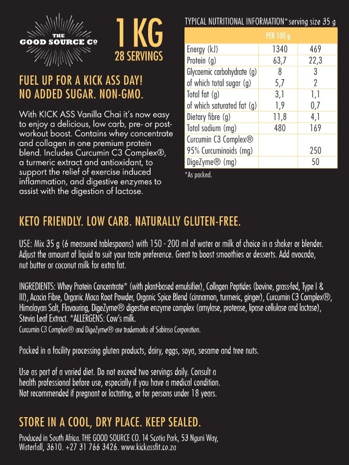 Kick Ass Whey Vanilla Chai back label.